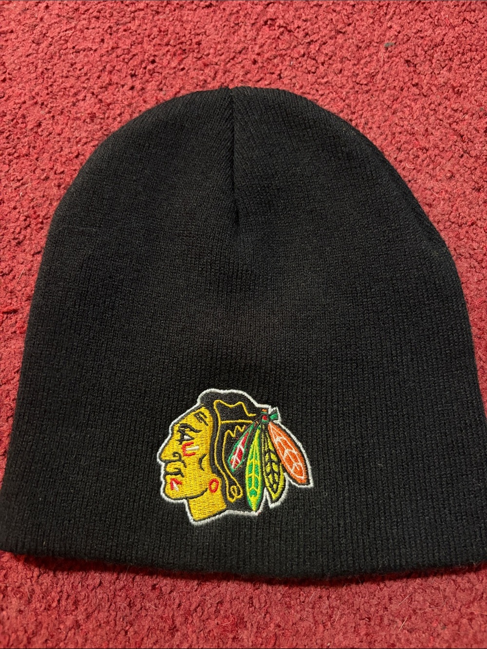 Black Embroidered Blackhawks Knit Beanie - woman’s